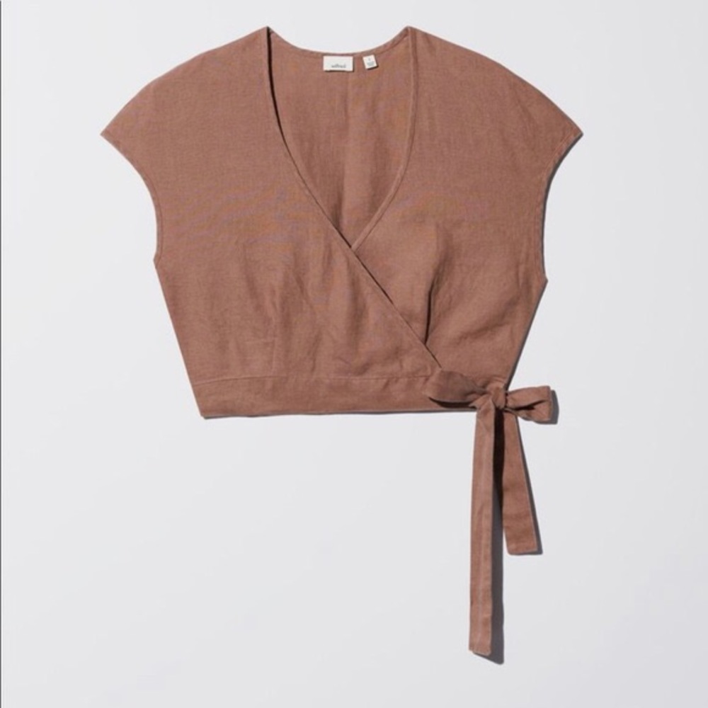 Aritzia Wilfred Linen Wrap Crop Top (Nutmeg)